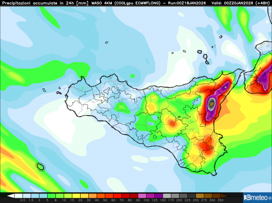 Focus precipitazioni totali in Sicilia lunedì 19 gennaio