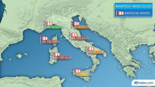 Forti raffiche di vento tra martedì e mercoledì, dettaglio