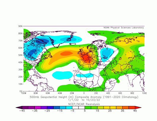 gennaio-ottobre, anomalie gepotenziale a 500 hPa 