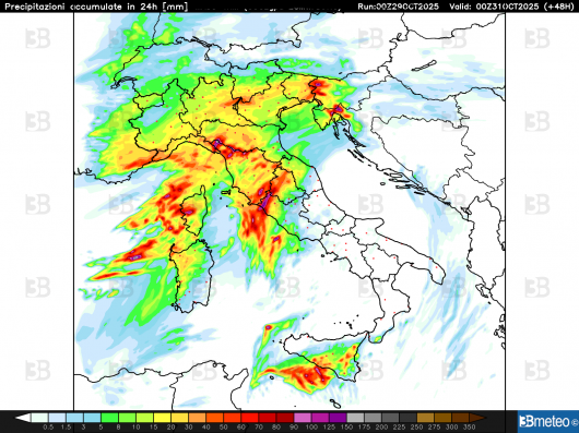Giovedì: accumulo piogge nelle 24 ore