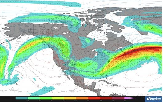 il potente Jet Stream in uscita dal nord America che trasporta masse d'aria miti