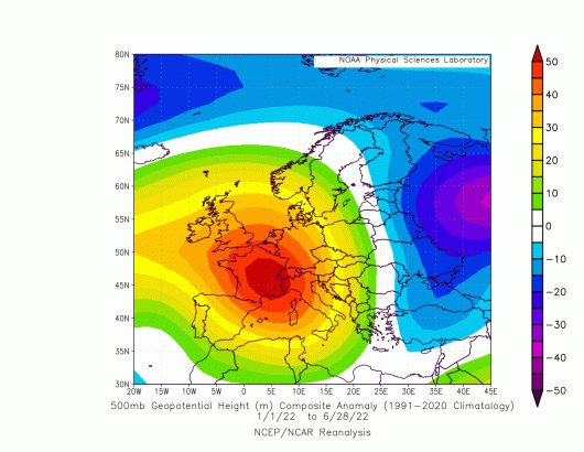 In rosso le anomalie di geopotenziale positive, ovvero superiori alla media, del semestre gennaio-giugno, indice dell'ingerenza anticiclonica