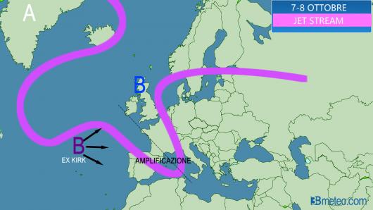 influenza di Kirk sul jet con amplificazione della saccatura verso il Mediterraneo