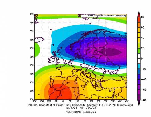 inverno dominato dall'anticiclone sulla Spagna e sul Mediterraneo