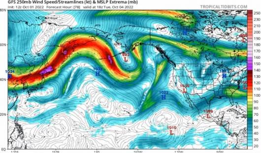 Jet stream in uscita dall'Asia - fonte tropicaltidbits.com