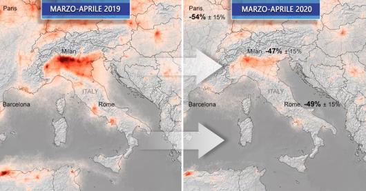 La riduzione della concentrazione di biossido di azoto secondo le rilevazioni del satellite ESA/Copernicus Sentinel data (2019-20), elaborati dal KNMI/ESA