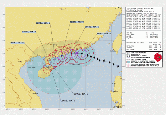La rotta prevista del tifone Saola (Fonte: JTWC)