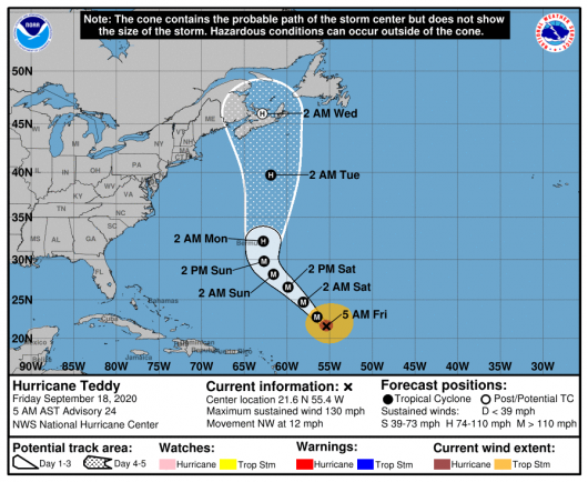 La rotta prevista di Teddy (Fonte: National Hurricane Center)