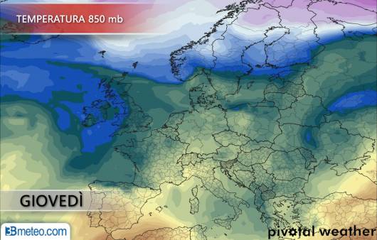 La temperature a 850 mb ( 1500m circa) oggi