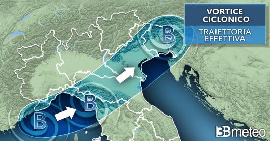 La traiettoria effettiva del vortice ciclonico nella giornata di ieri