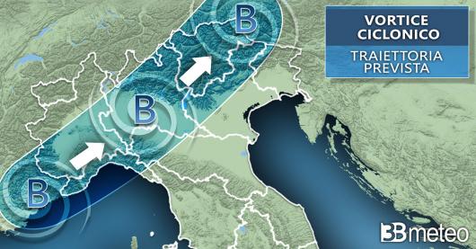La traiettoria prevista del vortice ciclonico nella giornata di ieri