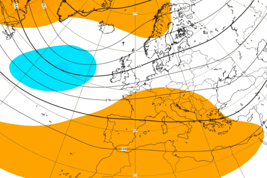 Le anomalia di geopotenziale (in arancione sopra media, in blu sotto media), mediate nel periodo 9-16 settembre secondo il modello ECMWF