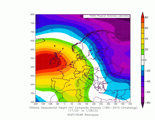 Le anomalie di geopotenziale a 500hPa calcolate sul bimestre gennaio-febbraio. In rosso quelle positive, ovvero superiori alla media. Dati NOAA
