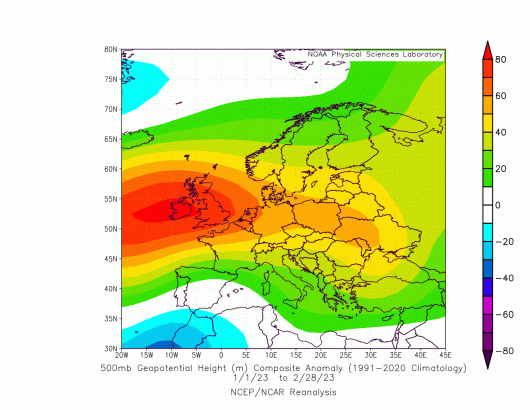 Le anomalie di geopotenziale a 500hPa, circa 5500m dal 1 gennaio al 28 febbraio