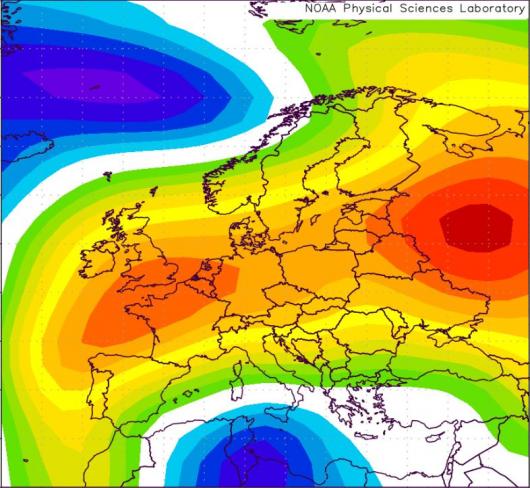 Le anomalie di geopotenziale a 500hPa mediate per il giorno 11 novembre degli ultimi 20 anni. Fonte NOAA