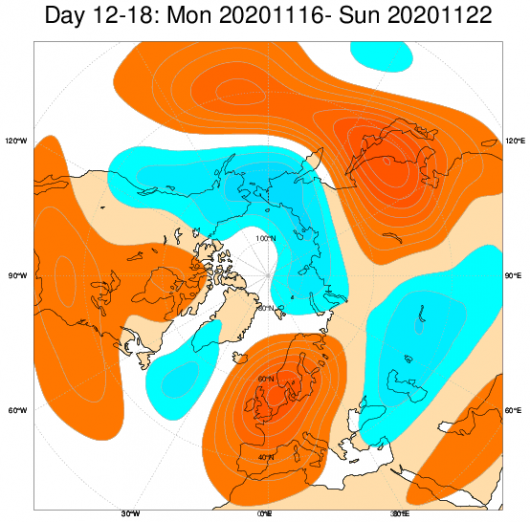 Le anomalie di geopotenziale secondo il modello ECMWF in Europa, mediate nel periodo 16-22 novembre