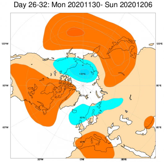 Le anomalie di geopotenziale secondo il modello ECMWF in Europa, mediate nel periodo 30 novembre - 6 dicembre