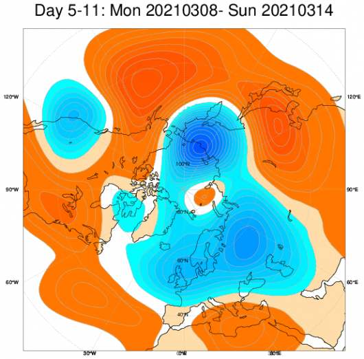 Le anomalie di geopotenziale secondo il modello ECMWF in Europa mediate nel periodo 8-14 marzo