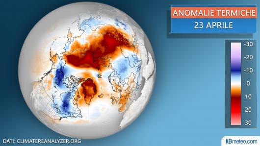 Le anomalie di temperatura al suolo del 23 aprile. Fonte dati: climatereanalyzer.org