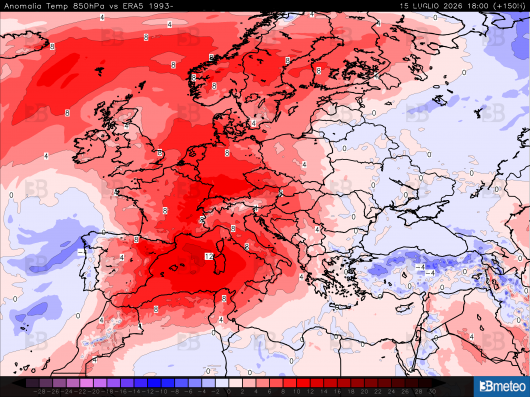 Le anomalie termiche a circa 1500m di quota previste per la prossima settimana. Su centro-ovest Europa temperature sopra media anche di 10-12°C in atmosfera libera