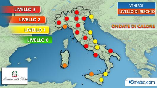 Le aree con maggior rischio disagio fisico venerdì