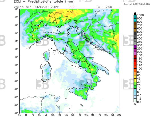 Le precipitazioni attese nella nuova settimana sull'Italia