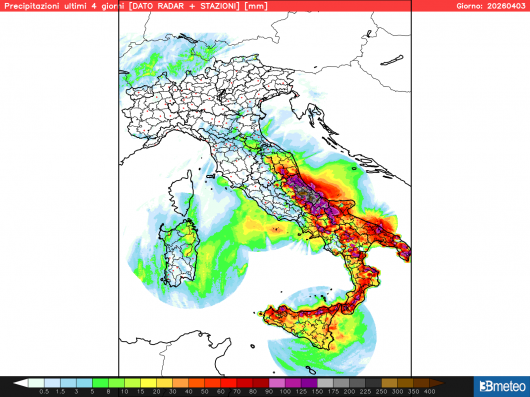 Le precipitazioni complessive registrate tra il 31 marzo e il 2 aprile: punte di oltre 100-200mm tra Abruzzo, Molise e alta Puglia