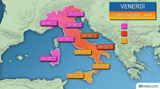 Le temperature massime di venerdì