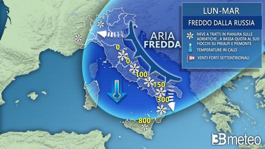 Lunedì-Martedì grasso, irruzione fredda dalla Russia con neve fino al piano