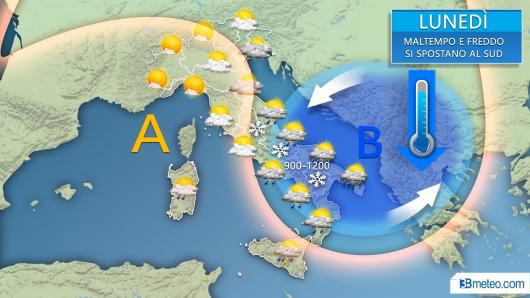 Lunedì, vortice freddo in azione su medio Adriatico e Sud