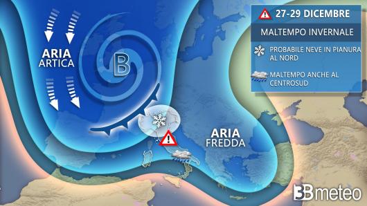 Maltempo invernale con neve anche in pianura tra 27 e 29 dicembre