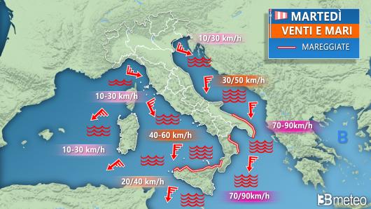 Mari e venti nella giornata di martedì