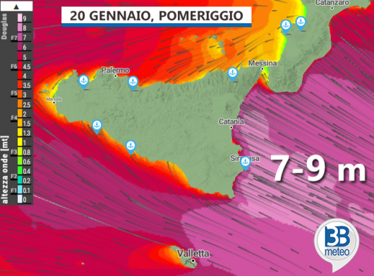 Mari e venti Sicilia: grosso lo Ionio con altezza d'onda fino a 7-8m nel pomeriggio di martedì 20 gennaio