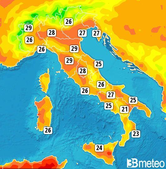 Massime previste domenica