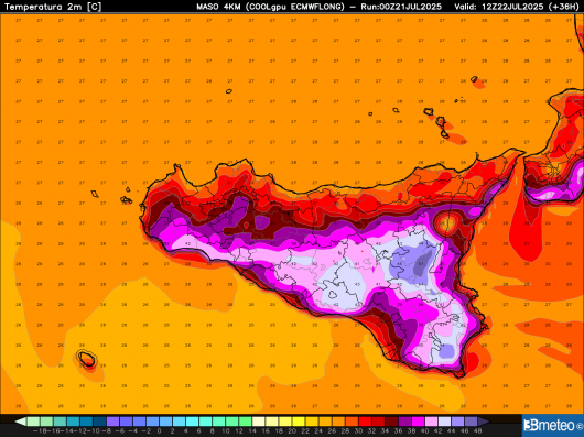 Massime previste Martedì in Sicilia dal modello ad alta risoluzione di 3bmeteo