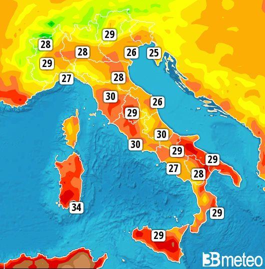 Massime previste per giovedì