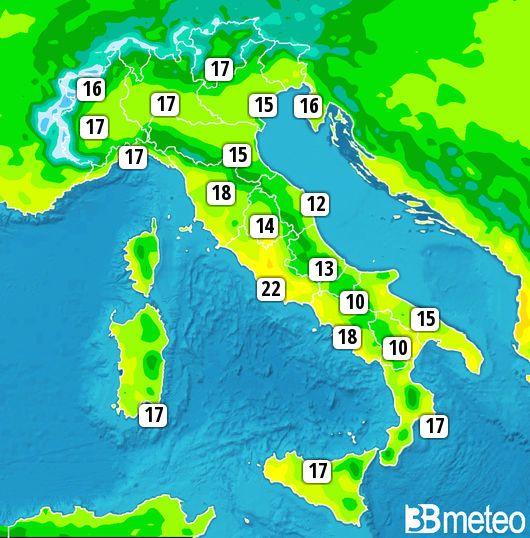 Massime previste per giovedì