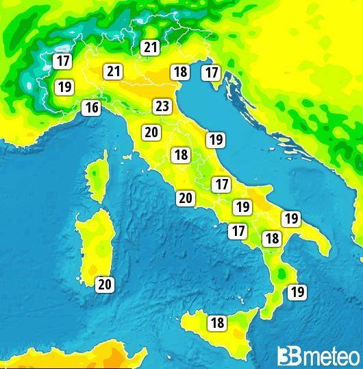 Massime previste per giovedì