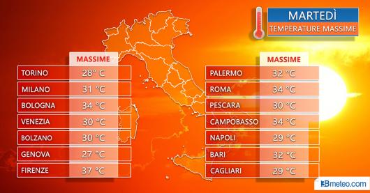 Massime previste per martedì