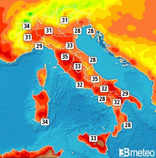 Massime previste per sabato