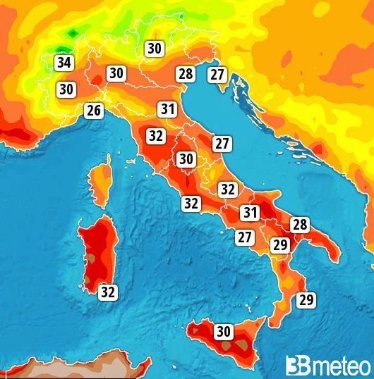 Massime previste per venerdì