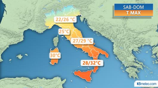 Massime previste tra sabato e domenica