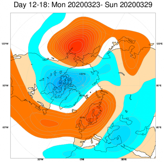 Media di ensemble del modello inglese ECMWF relativa all'anomalia di Altezza di Geopotenziale a 500 hPa (circa 5.500 metri) per il periodo 23-29 marzo 2020 