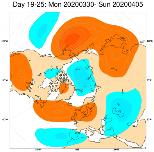 Media di ensemble del modello inglese ECMWF relativa all'anomalia di Altezza di Geopotenziale a 500 hPa (circa 5.500 metri) per il periodo 30 marzo - 5 aprile 2020 