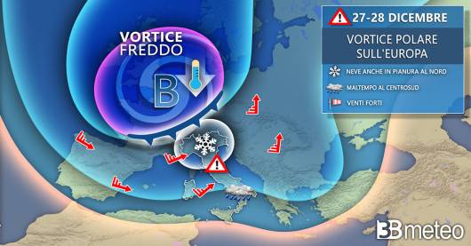 Meteo. Maltempo invernale con neve anche in pianura tra il 27 e il 28 dicembre