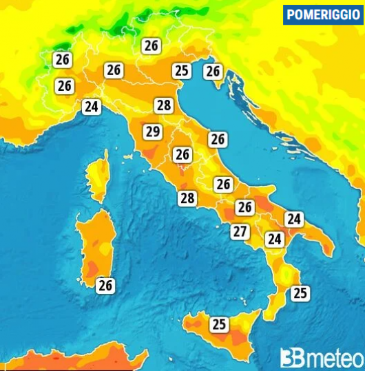 Meteo. Temperature massime di venerdì