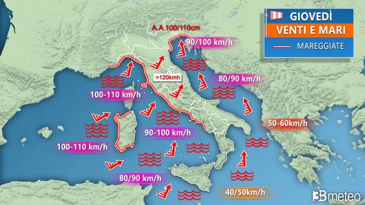 Meteo - Burrasca di vento e mareggiate tra giovedì 2 novembre e venerdì 3