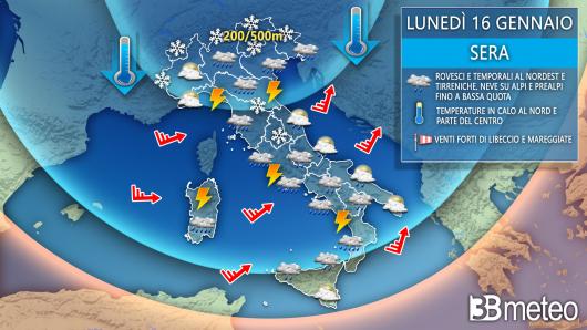 Meteo, condizioni previste sull'Italia lunedì sera