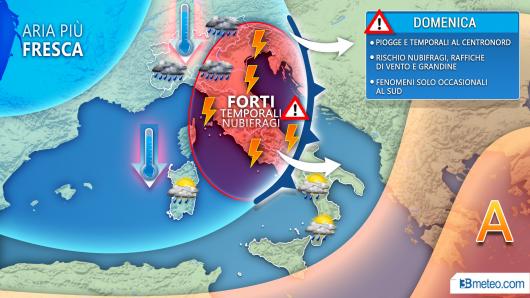 Meteo Domenica di maltempo su buona parte d'Italia con temporali, nubifragi e grandine