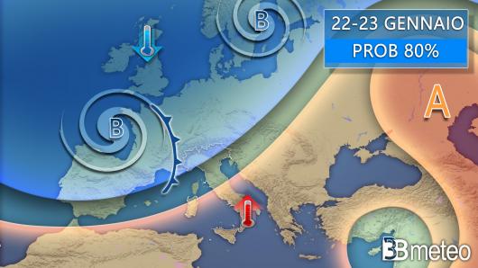 Meteo - Evoluzione più probabile tra 22 e 23 gennaio